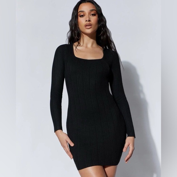 NWT MESHKI Solange Recycled Scoop Neck Knit Black Long Sleeve Mini Dress - Picture 2 of 6